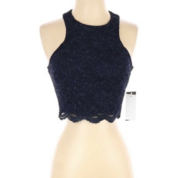 NWT City Studio Navy  Sequin Crop Top Crew Necklin - Picture 1 of 2